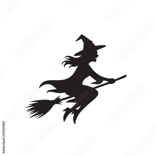 Silhouette of a witch flying on a broomstick, isolated on white background technology background