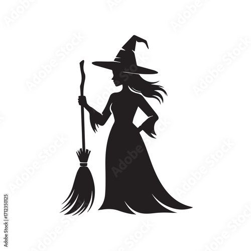 Silhouette of a witch with a pointed hat and broom, isolated on a white background, representing magic and halloween technology background