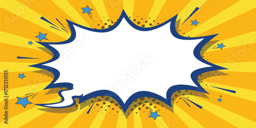 Comic Burst Graphic – Yellow Radial Background with Blue Explosion and Blank Center