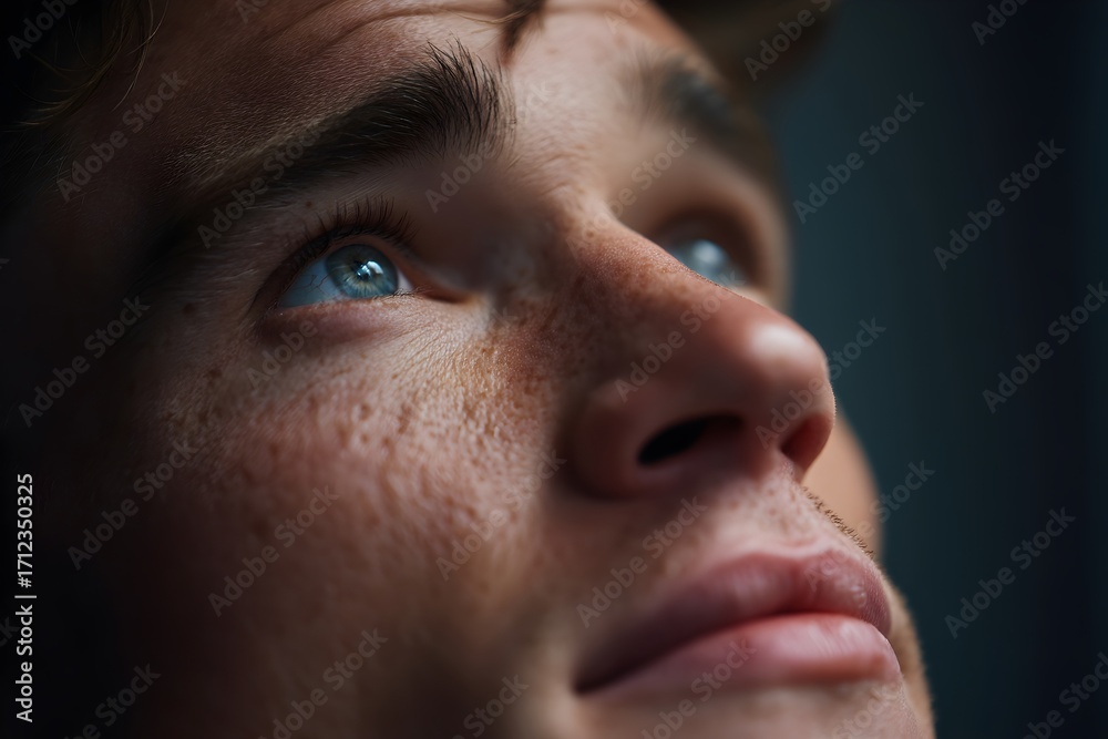 Obraz premium Young man gazing upwards with a thoughtful expression in a softly lit indoor setting during late afternoon