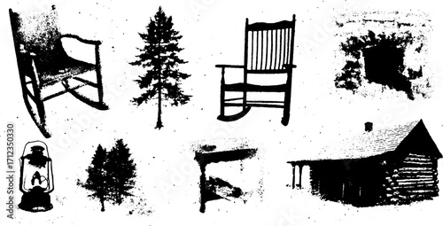 Illustration of rustic items in a vintage style set. Includes a rocking chair, trees, a lantern, and a cabin in grunge vector format.