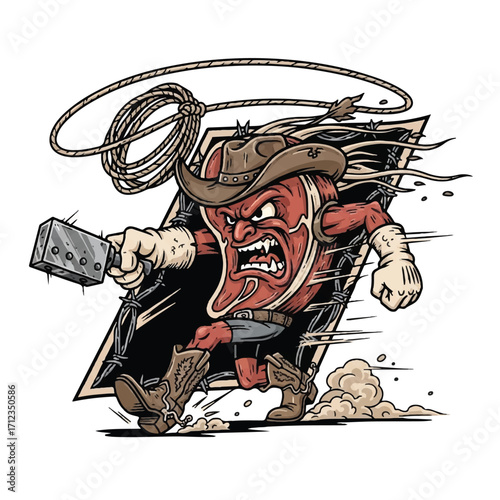 Angry cartoon steak, cowboy attire, lasso, breaking free, fierce expression.