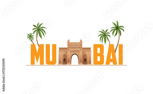 Mumbai city logo with Gateway of India and coconut trees.