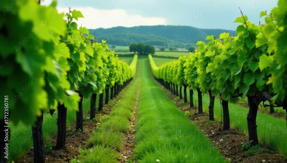 Naklejka premium Rain lashed vineyard, vibrant green vines, Ribera del Duero, Spain , outdoor, clouds