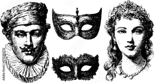 Vintage masks and portraits set for theater. Black and white vector illustration of a man and woman, complemented by ornate decorative elements.