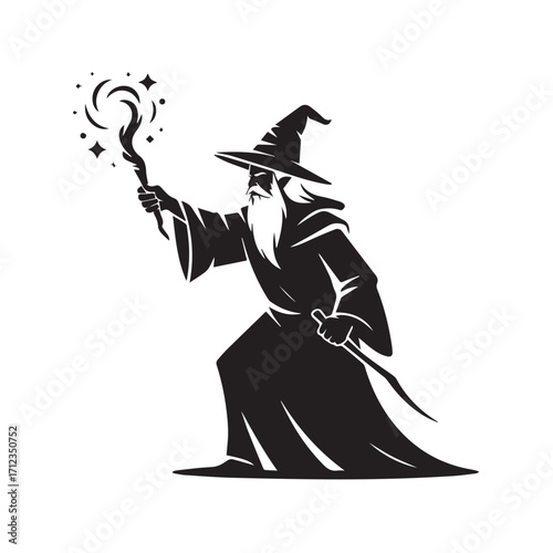 Silhouette of a wizard with a beard holding a magic staff with stars isolated on white background technology background