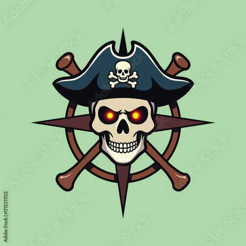 Evil skull with pirate hat and glowing eyes artwork
