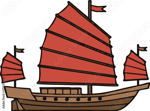 Red sailed junk ship floats on the water, a traditional chinese vessel with detailed sails and wooden hull, evoking a sense of adventure and maritime history.