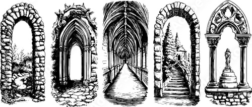 Gothic architecture featuring stone archways and a historical design. This vector illustration showcases doorways in a picturesque landscape set.