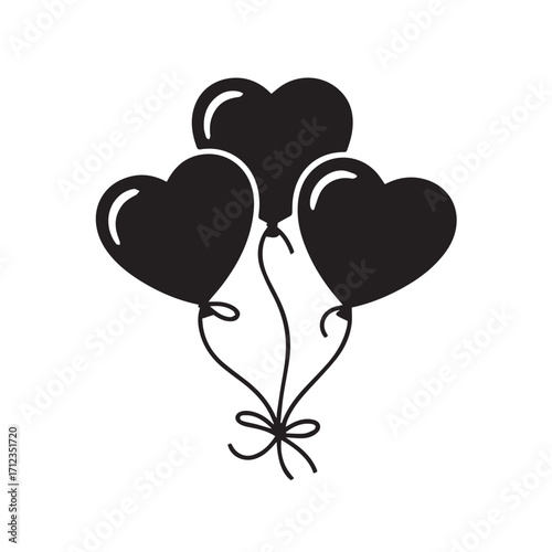 Three black heartshaped balloons tied together with strings and a bow, isolated on white background technology background