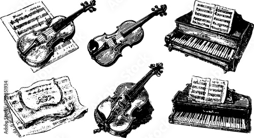 Set of musical instruments including violin and piano with sheet music. Vintage black and white vector illustration in a sketch style.