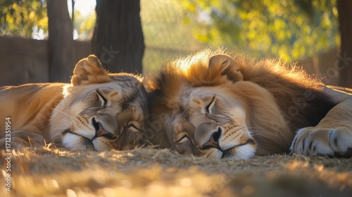 Two lions sleeping together. Lions lounging in an enclosure at the zoo. A field of a field of 16:9 shallow of the aspect depth. A pair of lions resting side lifestyle by side.