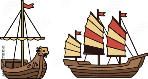 Two antique sailing ships float peacefully on the water, showcasing different historical vessel styles with intricate details and a sense of maritime history.