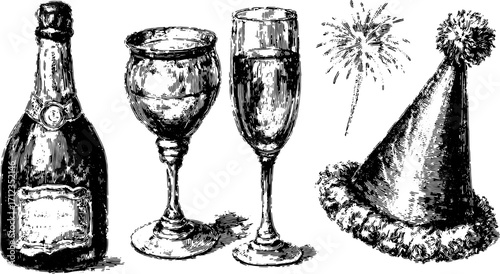 Champagne bottle, two glasses, and a party hat. Vintage sketch illustration depicting a festive celebration, perfect for a party vector design.