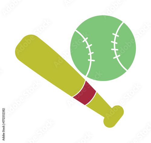 Baseball bat and ball icon in a simple flat design. Sports equipment illustration for game day, athletic themes, and recreational activities.