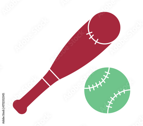 Baseball bat and ball icon in a simple flat design. Sports equipment illustration for game day, athletic themes, and recreational activities.