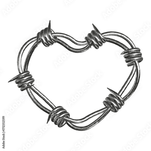 Punk rock heart shape framed with barbed wire showcasing a blend of grit and raw emotion in a military style.