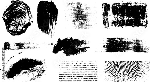 Black and white texture brush strokes set. Distressed abstract design elements in simple vector illustration for creative projects.