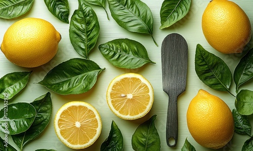 Lemons and leaves arranged on a pale green surface.  Fresh, vibrant