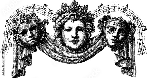 Vintage head masks with musical notes. Classic black and white vector illustration representing historical art in theater set.