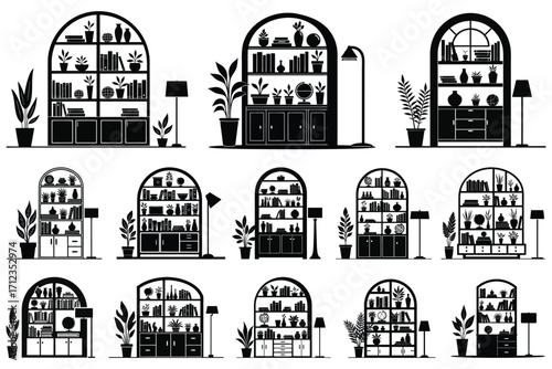 Collection of black silhouette arched bookshelves with plants