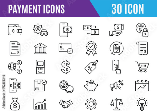 Set of outline icons related to payment methods.Business and finance payment collection with money, banking, credit card, exchange, cash and transaction symbol.