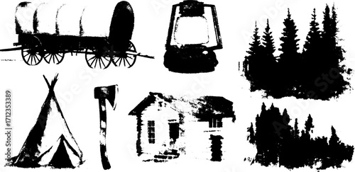 Vintage camping elements: wagon, lantern, tent, and house in black and white. Simple vector illustration set for outdoor adventures.