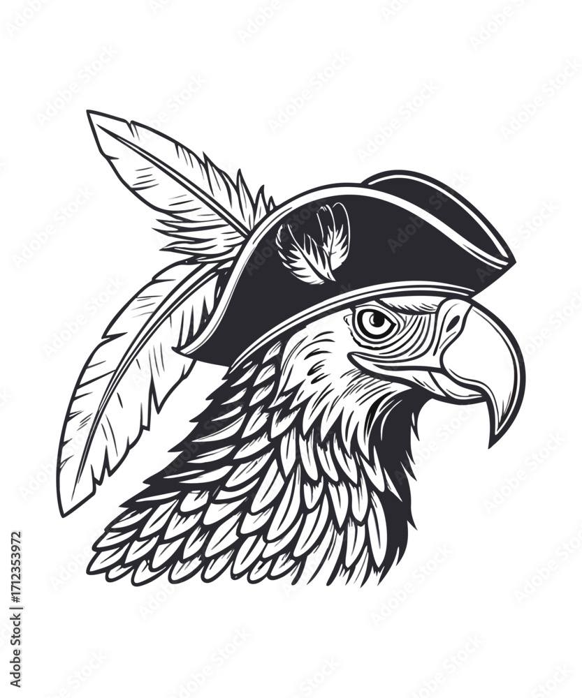 Fototapeta premium Eagle Pirate With Feathers, Hands Drawing Vector
