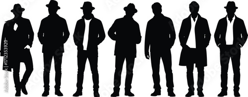 Silhouette group of stylish men wearing hats and coats standing together in casual fashion poses isolated on white background vector
