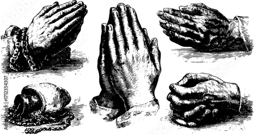 Set of praying hands illustrated in a vintage style. Black and white vector artwork shows various gestures associated with faith and meditation.