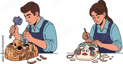 Mask making, wood carving, vibrant painting, artisan craft, cultural tradition, handmade mask, artistic process, craftsmanship, creative workshop, detailed expression