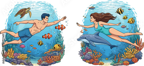 Underwater adventure, swimming with dolphin, coral reef, tropical fish, sea turtle, marine life, ocean exploration, scuba diving, vibrant aquatic scene