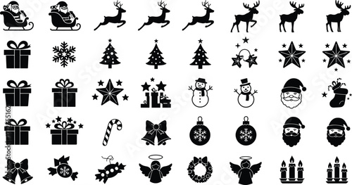 Christmas icon vector collection, holiday silhouette design, Santa Claus, reindeer, snowman, gift box, Christmas tree, star, bell, decoration
