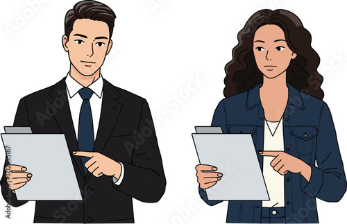 Business discussion, clipboard review, workplace comparison, cartoon style, formal and casual attire, teamwork concept, professional roles, office illustration, communication, analysis