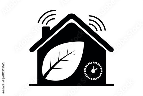 Black icon of a house with a leaf and clock symbol and wifi signals house icon home symbol