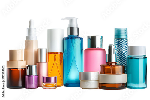 Collection of various cosmetic and skincare bottles isolated on transparent background