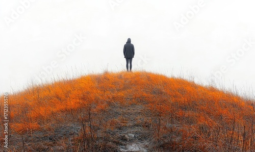 A solitary figure stands atop a hill, bathed in muted light