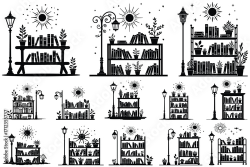 Collection of black silhouette bookshelves with plants and suns 1