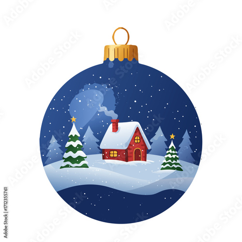 Christmas ornament featuring a cozy house in snowy landscape, transparent background, vector, isolated  