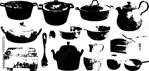 Vintage cookware set featuring pots, pans, and utensils. Black vector illustration with a simple design for kitchen use.