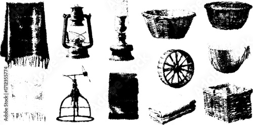 A set of vintage items including a lantern, candle, and various baskets, all presented in a black and white design. This vector illustration showcases rustic home decor.