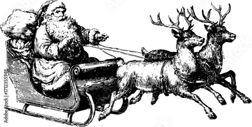 Santa in a vintage sleigh pulled by reindeer. Black and white vector illustration showcasing a festive holiday scene with a classic character.