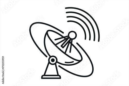 Black line art satellite dish transmitting signals on white background antenna transmission
