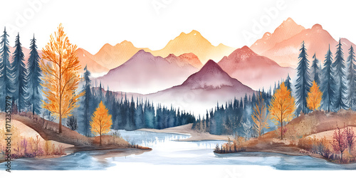 Watercolor Landscape Painting of a Mountain Forest and Lake in Autumn.