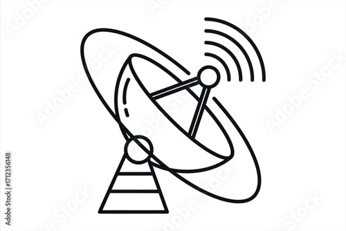 Black outline satellite dish transmitting signals on white background antenna transmission