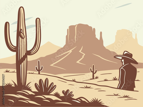 Lone cowboy surveys vast desert landscape with iconic saguaro cactus and mesas