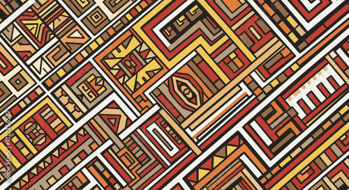 Abstract Geometric Vector Pattern with Tribal Inspired Shapes in Earth Tone Colors