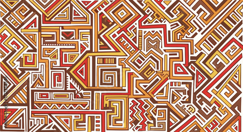 Abstract Geometric Vector Pattern with Brown Red and Orange Tribal Shapes in Ethnic Style