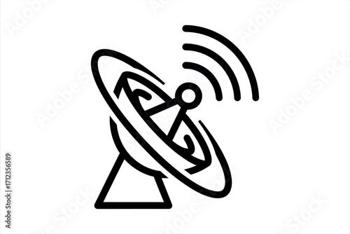 Black satellite dish icon with signal waves on white background antenna communication