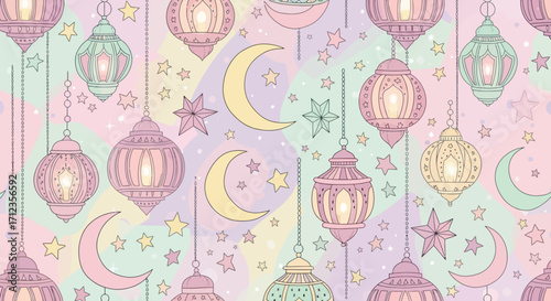 Decorative Lantern Vector Pattern with Crescent Moon Stars in Pastel Colors